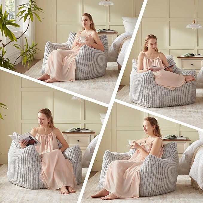 Giant Bean Bag Chairs for Adults Teens, Large Bean Bag Sofa Chairs with Filling Comfy Fuzzy BeanBag Chair with Armrests for Bedroom Living Room Reading