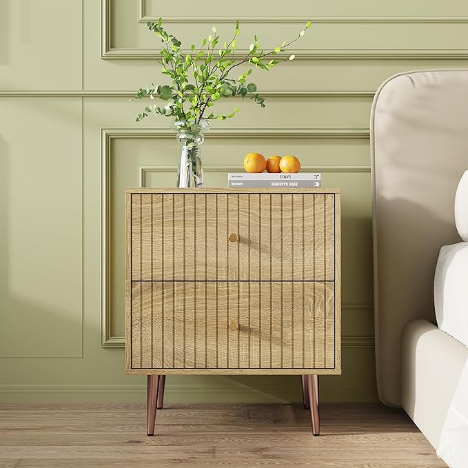 Wood Night Stand Set 2,Modern Bedside Table with Door and Open Storage Space,Fluted Nightstand and Wood End Side Table with Rose Gold Metal Legs and Handles for Bedroom,Living Room,Natural