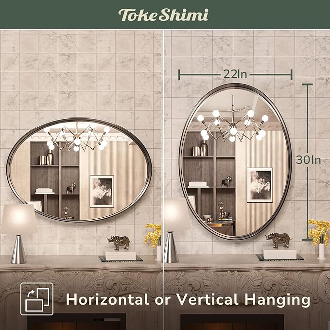TokeShimi Oval Black Mirrors for Bathroom 22x30 Inch with Non-Rusting Aluminum Alloy Brushed Black Matte Framed for Wall Vanity Farmhouse Modern Minimalist Home Decor,Vertical or Horizontal