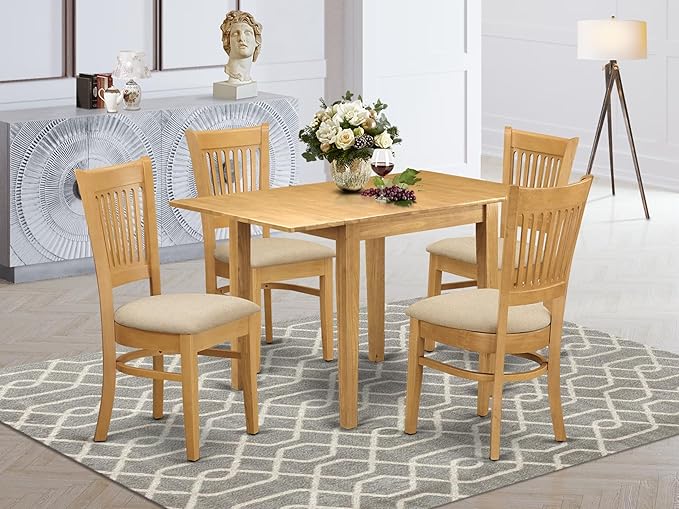 East West Furniture NDVA5-OAK-C 5 Piece Kitchen Table & Chairs Set Includes a Rectangle Dining Room Table with Dropleaf and 4 Linen Fabric Upholstered Chairs, 30x48 Inch, Oak