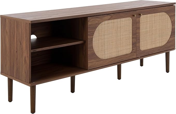 SAFAVIEH Claude TV Stand for up to 65" Flatscreen – Walnut, 2 Sliding Doors with Interior Storage, 2 Open Shelves, Entertainment Media Console (MED9610A)