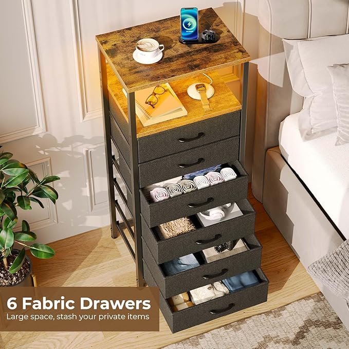 Seventable Night Stand with Charging Station, Tall Nightstand with 6 Fabric Storage Drawers, Side Table with LED Light for Bedroom, Entryway, Rustic Brown, Set of 2