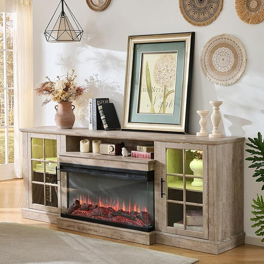 ROCKPOINT 3 Sided Glass 70" Fireplace TV Stand for TVs up to 80", Media Entertainment Center with Glass Door Storage Cabinet for Living Room,36" Electric Fireplace & Adjustable LED Light,Grey