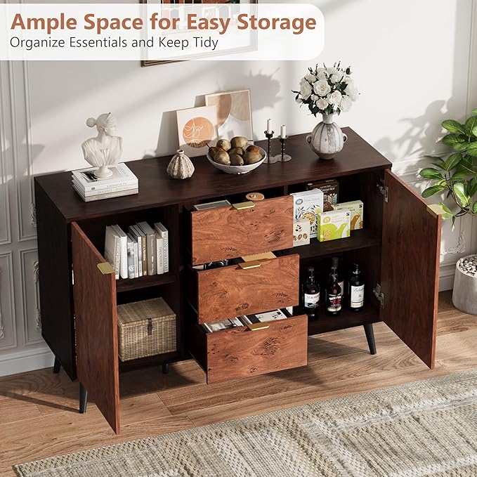 GarveeHome Buffet Cabinet with Drawers, 51.2'' Large Sideboard Buffet Credenza Storage Cabinet with Shelves and Doors, Coffee Station Cabinet with Metal Handle, Robot Vacuum Friendly (Walnut)