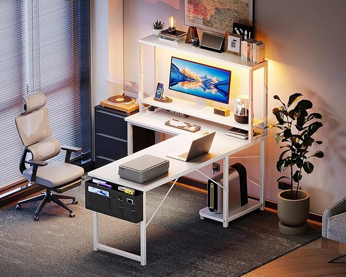AODK L Shaped Desk Gaming Desk with LED Light & Power Outlet, 53 Inch Reversible L Shaped Computer Table with Shelf, Corner Desk with Storage Bag&Hook for Home Office Desk, White