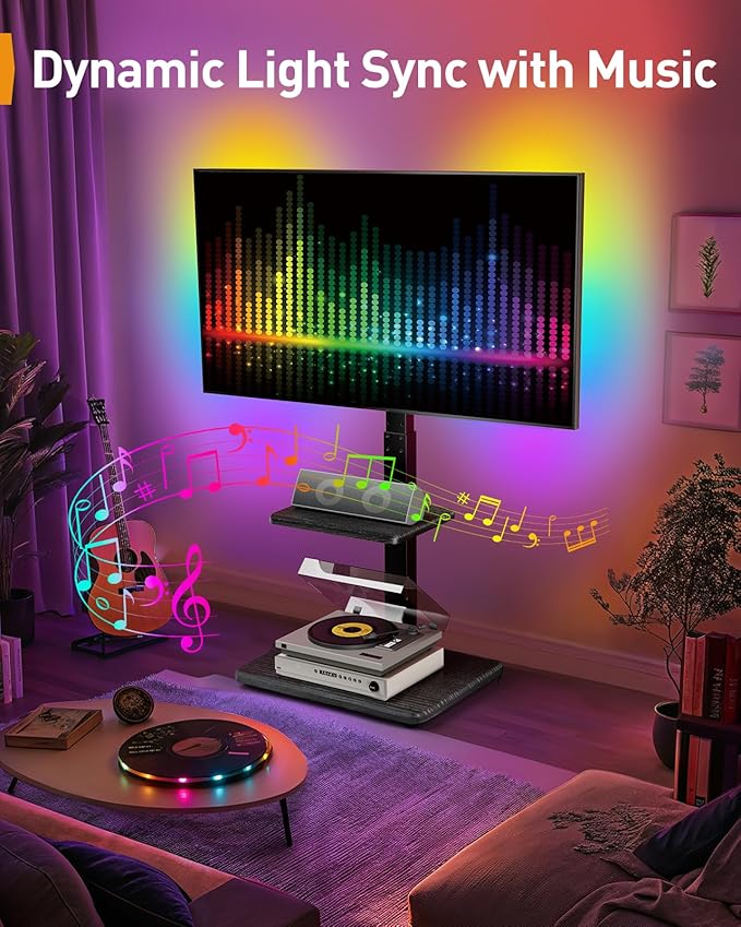 Perlegear Floor TV Stand with LED Light for 32”-75" TVs, Tall TV Stand with Swivel and Tilt, 12 Height Levels TV Mount Stand, Solid Wood Base up to 110 lbs for Living Room, Max VESA 600x400mm, PGFS21B
