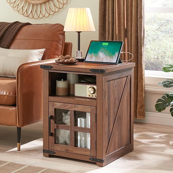 Farmhouse Nightstand with Charging Station, Rustic End Table with Tempered Glass Barn Door, Wood Sofa Side Bedside Table with Open Storage Shelf for Living Room, Bedroom, Brown