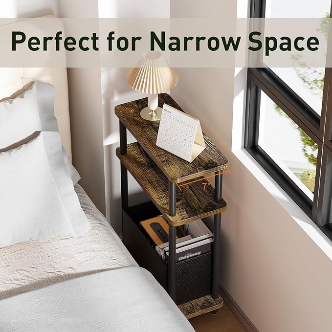 Narrow Side Table with Fabric Basket, 7" Wide, 3 Tier Skinny End Table with Wood Legs, Slim Nightstand/Bedside Table for Small Spaces, with Adjustable Feet, 15.7" L x 23" H