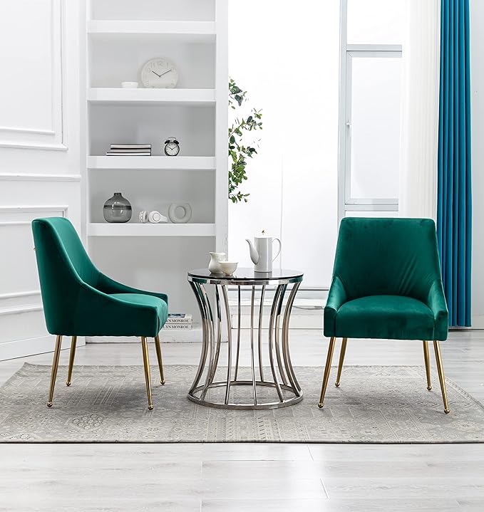 Velvet Dining Chairs, Furniture Collection Modern Contemporary Upholstered with Polished Gold Metal Legs, Set of 4(Green)