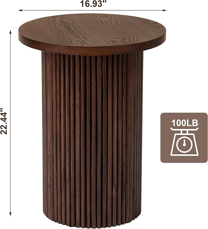 Walnut Pedestal Side Table 16.93'' Dia, Mid Century Modern Farmhouse Accent End Table, Fluted Base Design, Fully Assembled, for The Living Room and Bedroom, 22.44" Tall