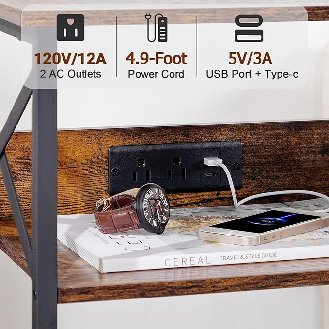 AMHANCIBLE Record Player Stand with Charging Station, Large Turntable Stand with Storage Cabinet, 3 Tier End Table Hold Up to 100 Albums, Record Stand for Vinyl, Living Room, Brown, HETCD012BR-1