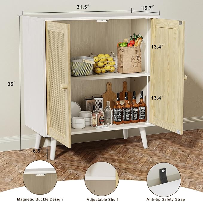 Rattan Storage Cabinet, Small Sideboard Buffets Storage Cabinet with Doors for Kitchen & Entryway Storage, White