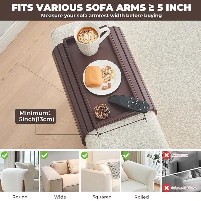 Bamboo Sofa Arm Tray, Anti Falling Couch Arm Tray Table, Foldable Couch Armrest Table, Portable Sofa Armrest Trays Cup Holder for Drink, Cups, Phone, Snacks, Remote