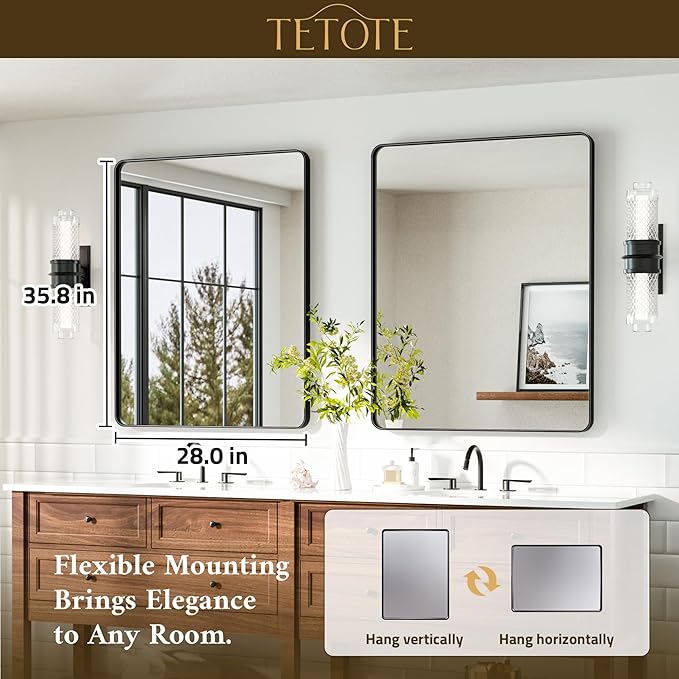 TETOTE Black Mirror 28 x 36 Matte Black Metal Framed Vanity Mirror, Tempered Glass, Wall Mounted for Bathroom, Entryway, Bedroom, Living Room(Horizontal/Vertical)