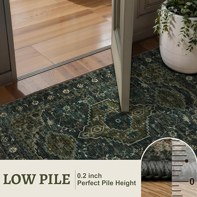 Tangsoo Washable Entryway Rugs Vintage Olive Green Rug 2x3 Non Slip Small Area Rug, Front Door Boho Rugs, Print Distressed Door Mat Indoor Entrance Soft Low Pile Throw Rug for Entry Kitchen Bedroom