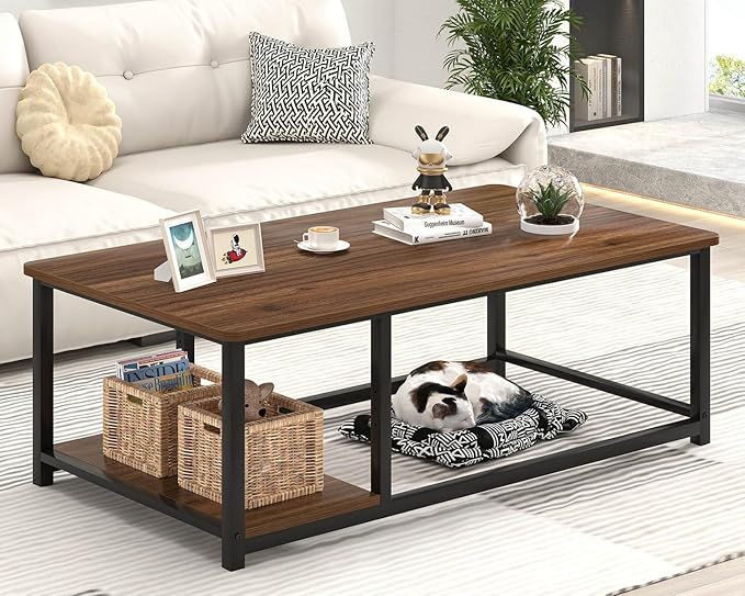 EXCEFUR Modern Coffee Table, Rustic Wood and Metal Center Table for Living Room, Industrial Rectangle Cocktail Tea Table with Storage Shelf, Walnut, 47 Inch