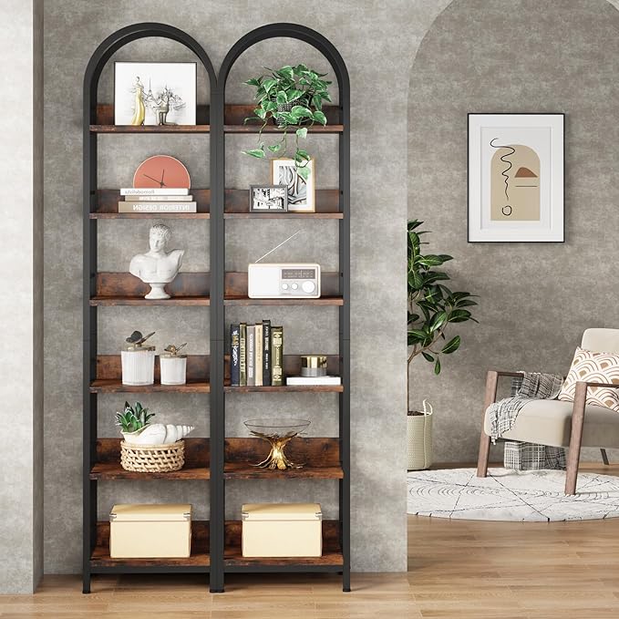 Tribesigns 6-Tier Open Bookshelf, 78.7" Tall Arched Bookcase Narrow Bookshelf with Metal Frame, Freestanding Corner Bookcase Display Shelves for Living Room, Home Office, Rustic Brown
