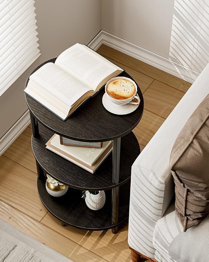 Small Round Side Table - 3-Tier Oval Accent Table for Small Spaces, Rustic Wood and Metal Couch End Table, Nightstand for Bedroom or End Table Living Room, Set of 2, Charcoal Wenge