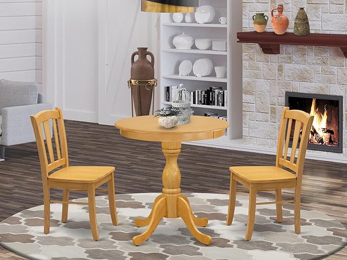 East West Furniture ESDL3-OAK-W 3 Piece Kitchen Table Set for Small Spaces Contains a Round Dining Room Table with Pedestal and 2 Solid Wood Seat Chairs, 30x30 Inch, Oak