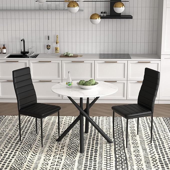 White Marble Round Dining Table with Black Metal Legs, 32 in Modern Sintered Stone Kitchen Table Circle Table for Dining Room Kitchen