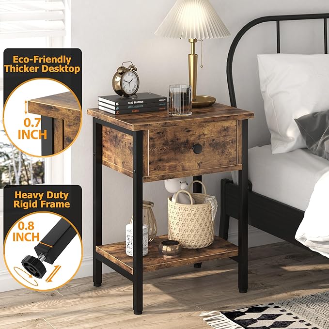 Nightstands Set of 2 with Wood Drawers, Bedside Table Set of 2 with Storage Shelf, Heavy Duty End Side Table for Bedroom Living Room Bedroom Small Space Sofa Couch, Wooden Metal Night Stand, Black