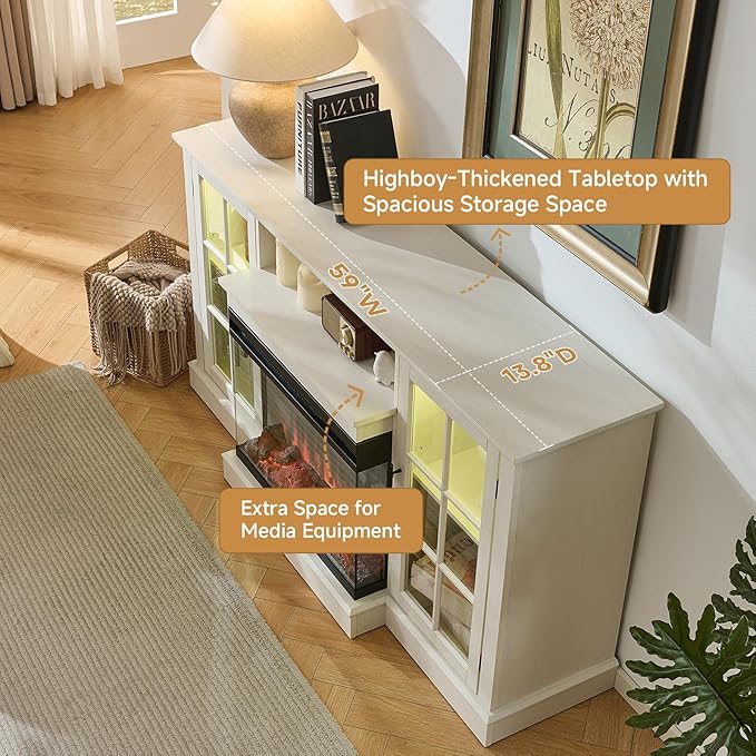 ROCKPOINT 3 Sided Glass 59'' Fireplace TV Stand for TVs up to 65'', Media Entertainment Center with Glass Door Storage Cabinet for Living Room,24” Electric Fireplace & Adjustable LED Light,White