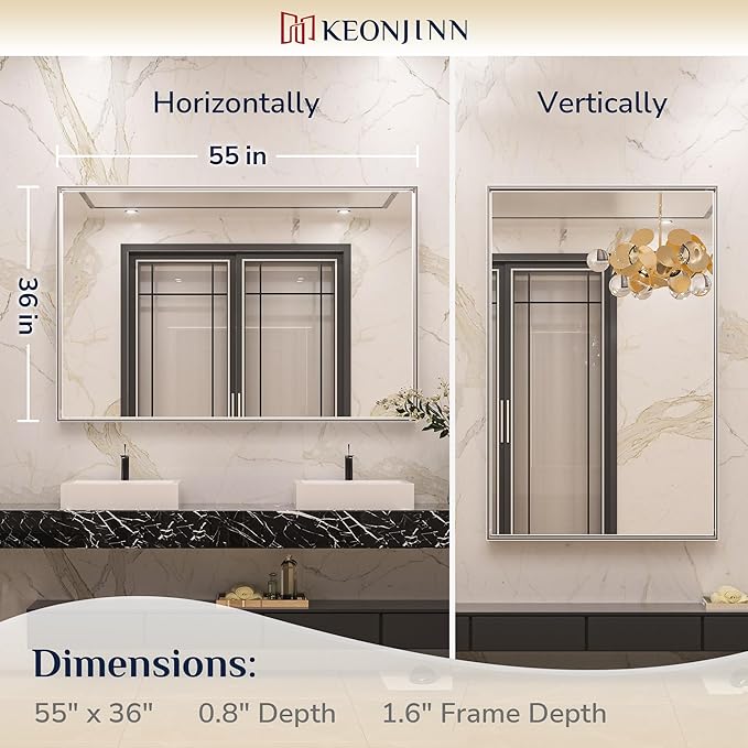 Keonjinn Silver Bathroom Mirror 55 x 36 Inch Large Rectangle Wall Mirror for Vanity Metal Framed Farmhouse Mirror Square Corner Modern Rectangular Mirror for Bathroom Sink(Horizontal/Vertical)