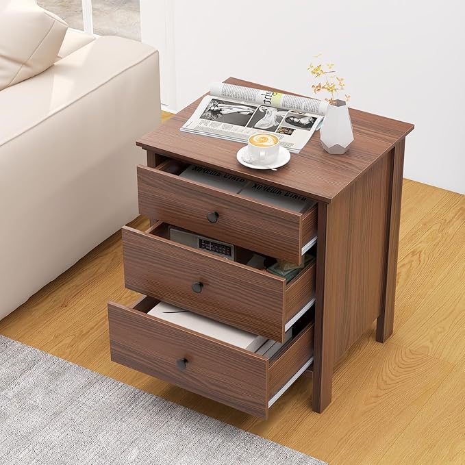 KOMFOTT 3 Drawers Nightstand, Wooden Bedside Table, Modern Sofa Side End Table, Space-Saving Telephone Table, Chest of Drawers for Living Room, Bedroom & Office (1, Walnut)