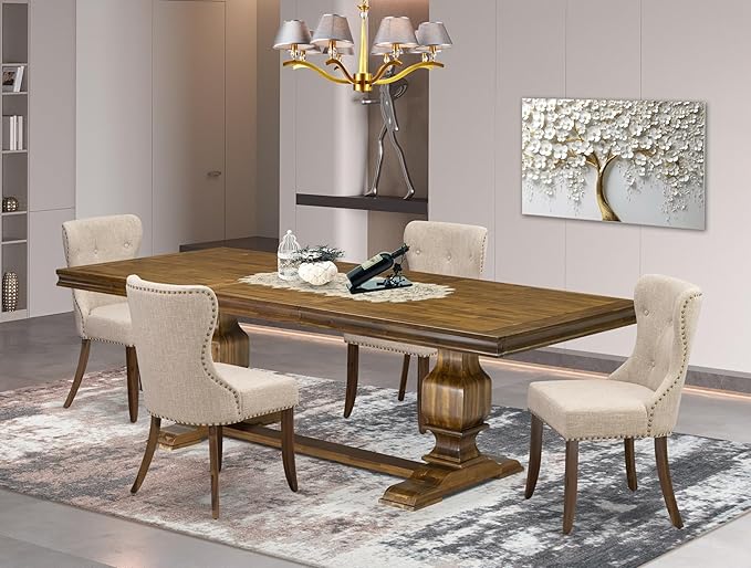 LKSI5-AWA-04-5-pc Mid Century Dining Set Consists of a Modern Dining Table and 4 Light Tan Linen Fabric Modern Chairs with Button Tufted Back - Antique Walnut Finish