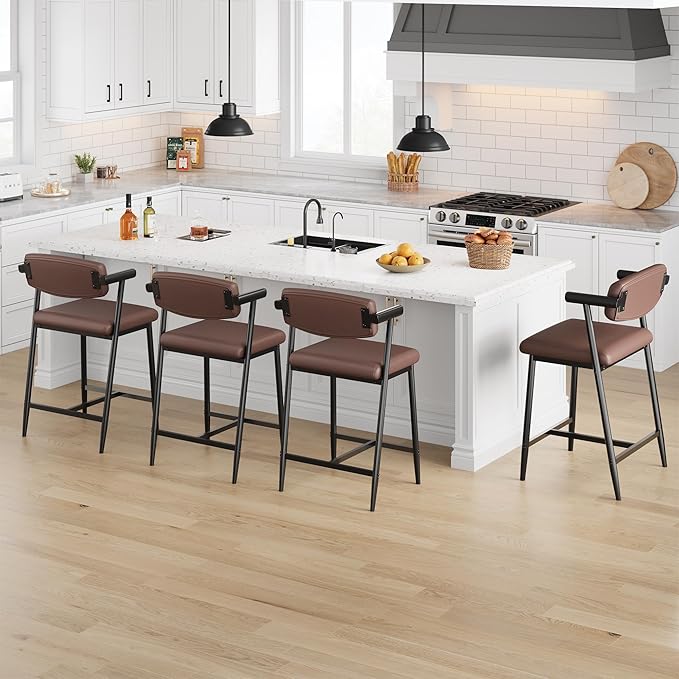 GarveeHome Bar Stools Set of 2, 26.5" Upholstered Counter Height Bar Stools for 2 with Armrest, Wider Thickened Cushion, Bar Chairs with Backrest for Bar, Dining Room, Kitchen, Retro Brown
