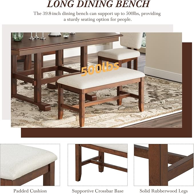 Ball & Cast 6 Pieces 78inch Extendable Wood Dining Table Set with Bench,Traditional Kitchen Table Set w/ 18inch Removable Leaf and 4 Upholstered Dining Chairs,for 5 People Dining Room,Espresso+Beige