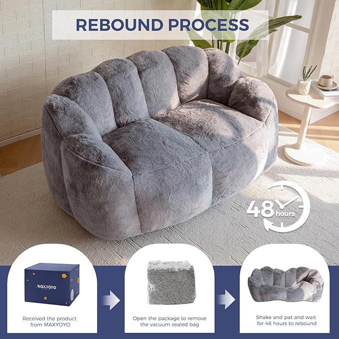 MAXYOYO Bean Bag Chair for Adults, Loveseat Floral Shaped Bean Bag Sofa, Ultra Soft Love Seat Mini Sofa Couch, Faux Fur Reading Chair for Living Room Bedroom, Dark Grey