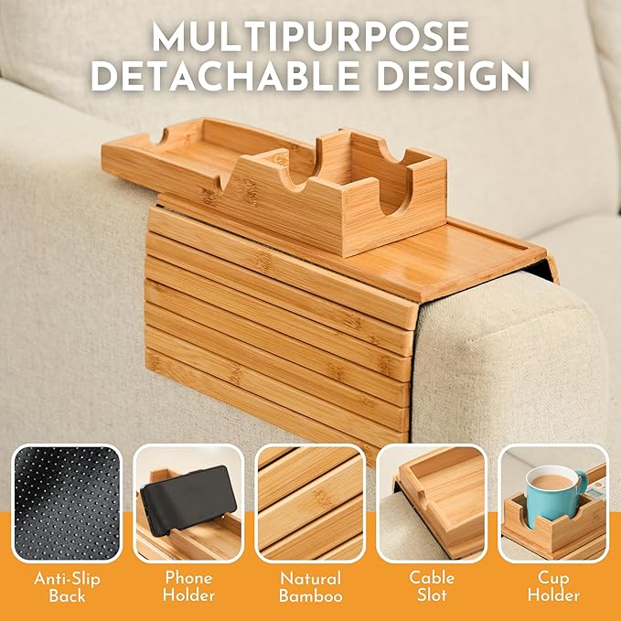Couch Cup Holder Tray - Portable Sofa Arm Tray Table - Anti-Spill Armchair Caddy Couch Arm Table Snack Organizer with Removable Tray - Remote Control Holder Perfect for Cups, Snacks, Phone