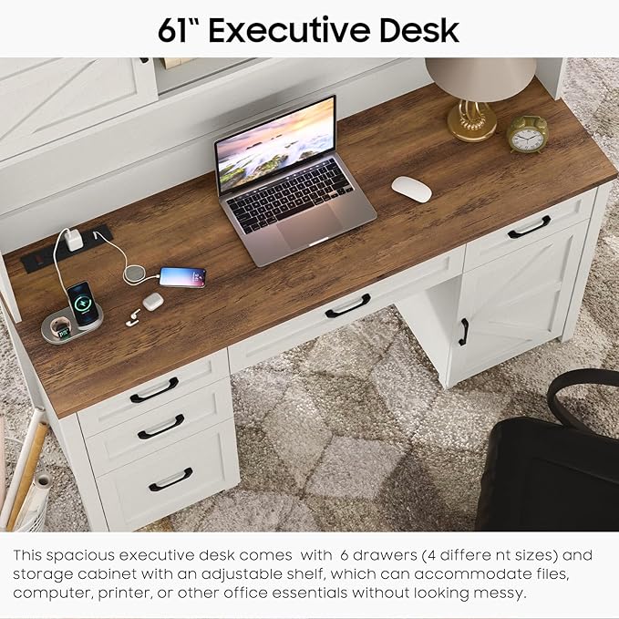 67''H Farmhouse Executive Desk with Hutch & 5 Drawers, Rustic Office Desks Computer Desks with Charging Station, File Drawers and Storage Cabinets, Wood Workspace for Home Office,Unique White.