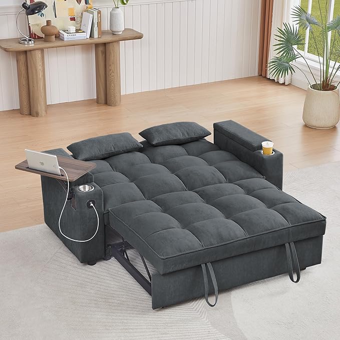 3 in 1 Queen Loveseat Convertible Sofabed Modern Living Room Multifunctional Sleeper Sofa Convertible Spacious Sofa Bed W/Pull Out Sleeper Couch Bed Armrests Storage,Cupholders,USB Ports ,Side Table