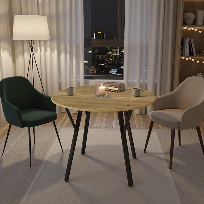35" Round Dining Table for 4, Modern Small Circle Dinner Table Farmhouse Round Kitchen Tables with Metal Legs for Dining Room, Kitchen, Living Room, Light Brown & Black