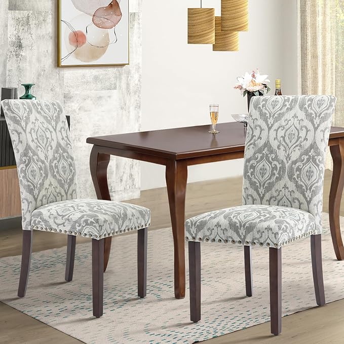 COLAMY Upholstered Parsons Dining Chairs Set of 4, Fabric Dining Room Kitchen Side Chair with Nailhead Trim and Wood Legs - Grey/White Flower