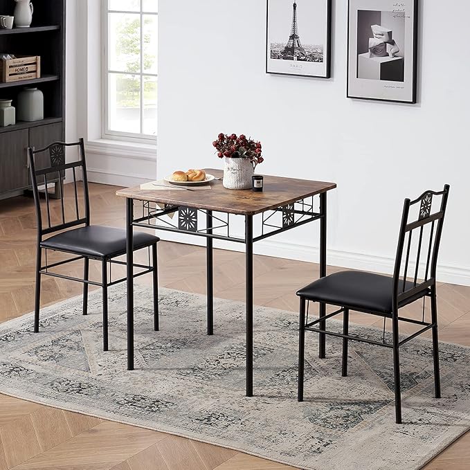 VECELO 3-Piece Dining Room Wooden Kitchen Table and Pu Cushion Chair Sets for Small Space, Retro Brown