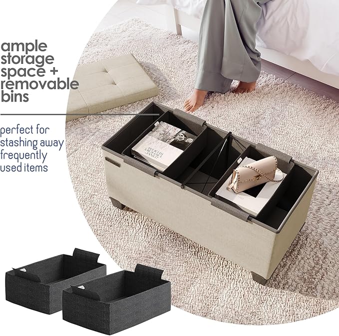 STORAGEBUD Storage Ottoman Bench with Bins, 30-in Storage Bench for Bedroom End of Bed, Folding Foot Rest Ottoman for Living Room Max 660lbs, Fabric Ottomans, Beige