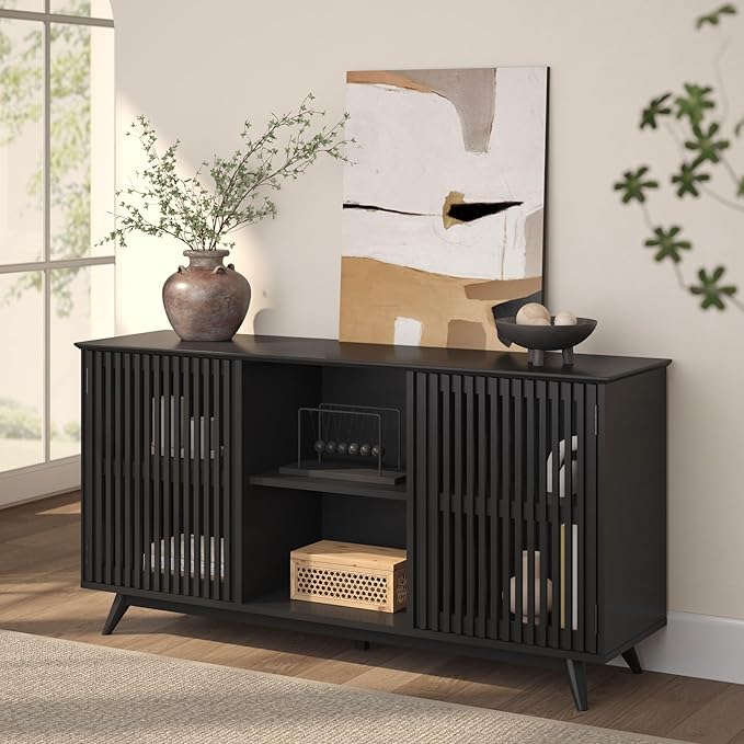 Plank+Beam Mid-Century Modern Wood TV Stand, Solid Wood Entertainment Console with Storage, 59" L x 16" W x 30" H, Black