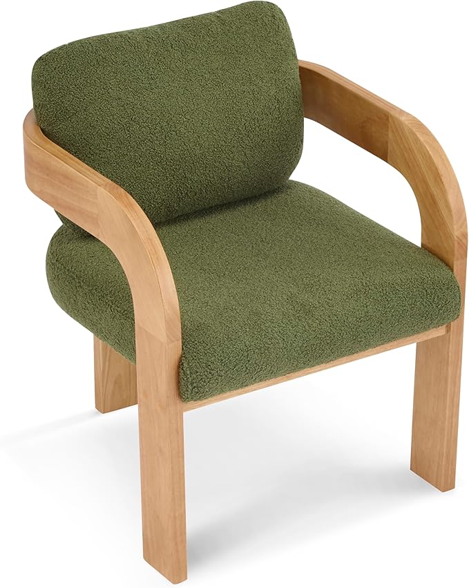 Christopher Knight Home Yorick Modern Boucle Dining Chair Set of 2 with Cushion, Solid Wood Dining Room Armchair Set, Curved Backrest Kitchen Side Chair, Living Room Comfy Extra Seat, Natural+Green