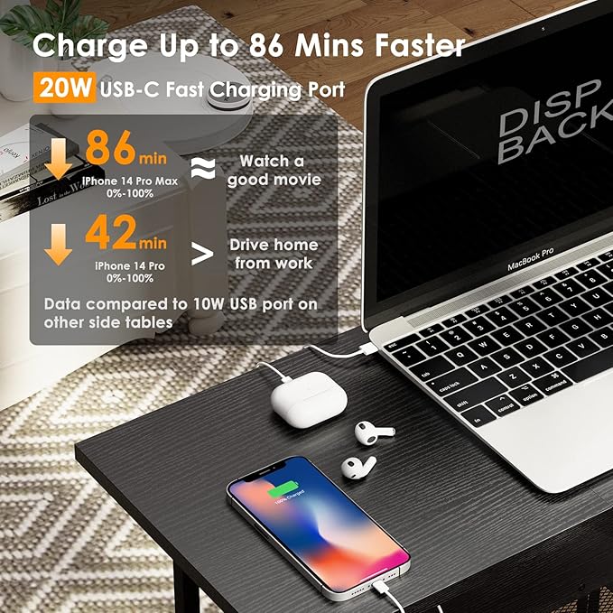 SAUCE ZHAN Sofa Side Table with 20W USB C Fast Charging Ports and Outlets, Bedside Nightstand with Charging Station, Narrow End Table with Storage Shelf for Small Spaces, Living Room, Bedroom Black