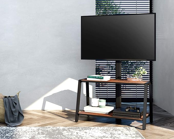 FITUEYES Wood TV Stand with Mount for 32-55 inch TVs, 2 Tier Entertainment Center with Storage for Bedroom & Corner, Tall Wooden TV Mount Stands & Metal Mount - Max Load 77lbs for Flat Screen