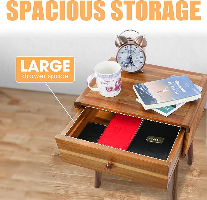 ENKEZI Small Mid Century Acacia Night Stand with Drawer Dresser, Handcrafted Small Nightstand, Space-Saving Bedroom Side Tables with Acrylic Coating, No Visible Nails