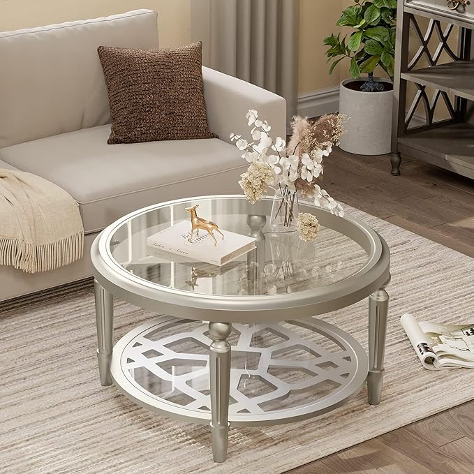 COSIEST Glass Coffee Table, 32" Round Coffee Tables with Storage, 2-Tier Glass Top, Clear Coffee Table, Simple & Modern Center Table for Living Room or Home Office (Champagne)