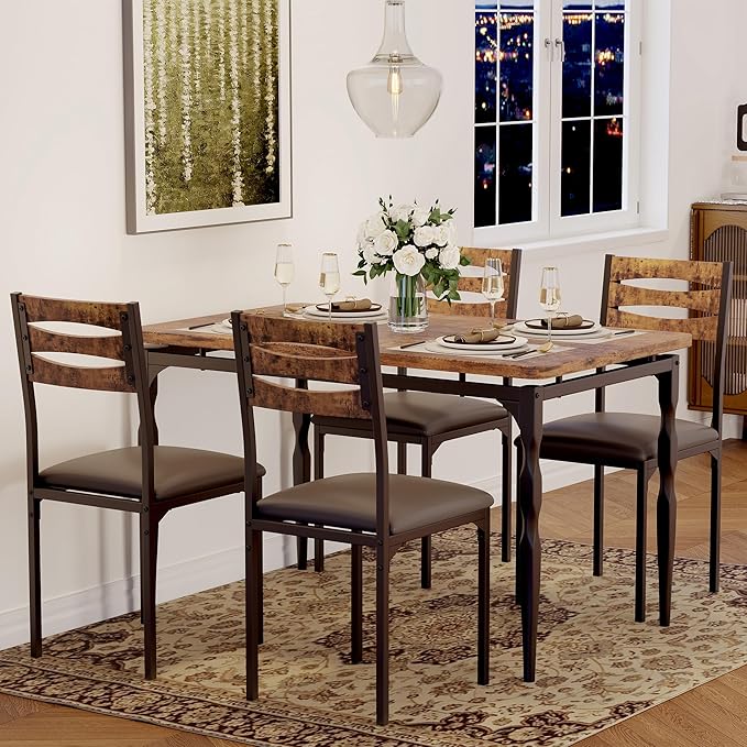 GarveeHome 5 Piece Dining Table Set, Industrial Style Dining Table and Chairs Set for 4, Kitchen Table Set for Dining Room Kitchen Apartment, Brown