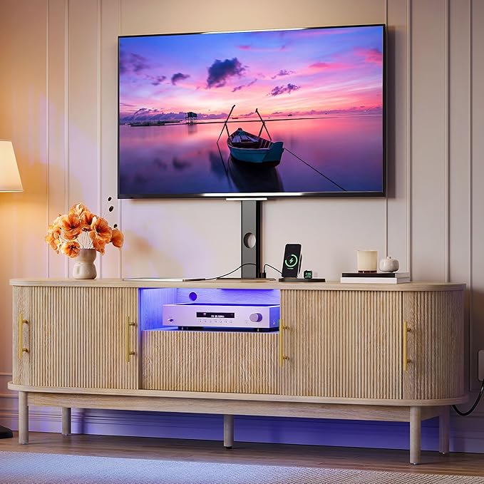 YITAHOME Fluted TV Stands for Living Room with Mount, Modern LED Entertainment Center for 75 Inch TVs, Curved TV Stand with Power Outlets & LED Light, Curved Profile Design, Natural Oak