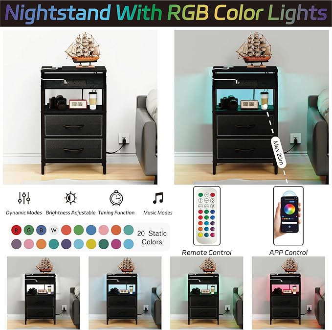 End Table with Light, LED Nightstand with 2 Drawers and Type C Charging Station, Small Fabric Dresser for Bedside, Storage Side Table for Living Room, Dorm, Black