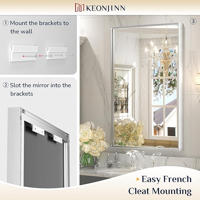 Keonjinn Silver Bathroom Mirror 55 x 36 Inch Large Rectangle Wall Mirror for Vanity Metal Framed Farmhouse Mirror Square Corner Modern Rectangular Mirror for Bathroom Sink(Horizontal/Vertical)