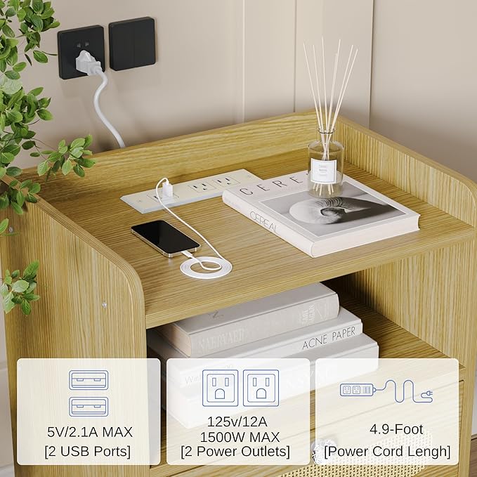 End Table with Charging Station, Nightstand with Diamond Handle and Rattan-Style Drawer, Bedside Table, Light Oak